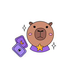 Funny capybara head as a magic ball for fortune telling. Tarot cards and stars. Joke character. Clipart on the theme of fairy tales and magic