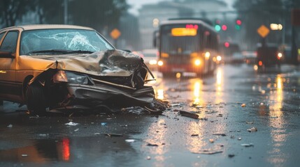 Dramatic Car Accident in the Rain on a Busy City Road - Ideal for News Coverage