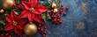 © olegganko - Holiday wreath with red poinsettias, green leaves, and gold ornaments on blue