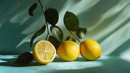 Vibrant lemons with green leaves highlighted by sunlight, casting artistic shadows on a turquoise background.