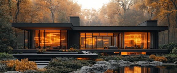 Poster - Symbolizing sustainable living and eco-friendly design, this illustration shows a green house surrounding by natural landscape.