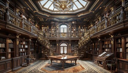  Historic library with a round table and a staircase