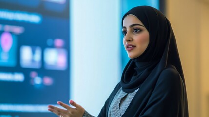 Poster - A woman wearing a black hijab and formal attire is presenting to an audience. The woman has a serious expression on her face and is gesturing with her right hand