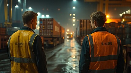 Poster - Workers wearing safety vests managing the loading of shipping containers onto trucks Stock Photo with side copy space
