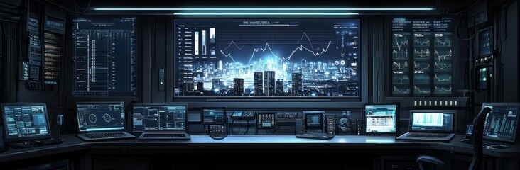 Poster - An overview of the data center management and monitoring system and connectivity lines against the backdrop of a smart city, with the city in the background