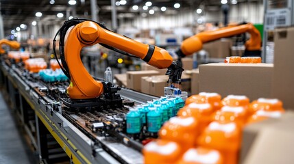 Poster - Automated warehouse with robotic arms handling inventory and preparing goods for shipment Stock Photo with side copy space