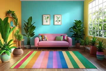 Wall Mural - Vibrant and Colorful Tropical-Inspired Living Room with Lush Greenery and Modern Furniture