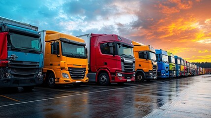 Poster - Trucks and trailers lined up in a logistics center waiting for goods to be loaded for delivery Stock Photo with side copy space