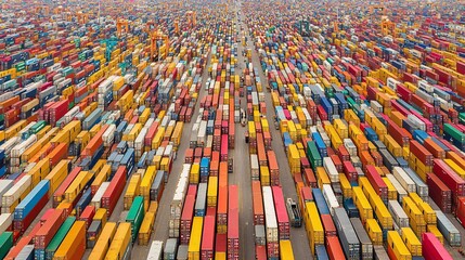 Aufkleber - Busy cargo port filled with shipping containers cranes and transport vehicles working in unison Stock Photo with side copy space