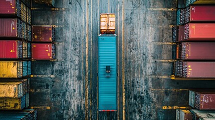 Poster - Overhead view of a truck navigating through a busy logistics terminal filled with containers Stock Photo with side copy space