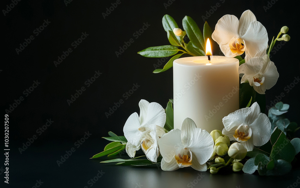 A white candle and flowers on a black background Stock Photo | Adobe Stock