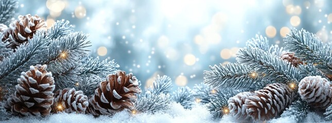 Poster - Background of a Christmas tree decorated with garland lights. Holiday festive scene in a widescreen frame. New year's art design for the winter season.