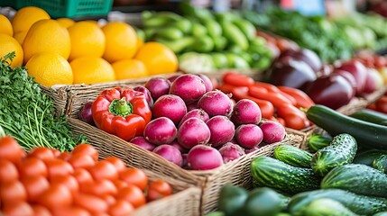 Economic recovery demonstrated by a bustling farmers market full of local vendors Stock Photo with side copy space