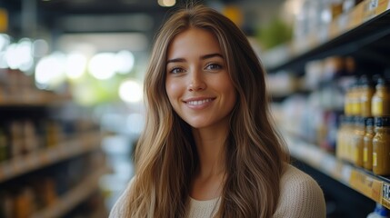 Wall Mural - A portrait of an attractive female worker in her late twenties with long hair wearing work , standing inside the product section at a supermarket and smiling for camera