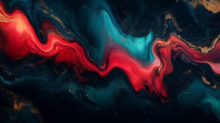Poster - abstract fluid art background, swirling colors in red and teal with gold highlights