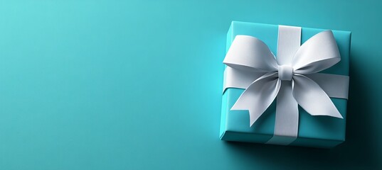 Sticker - Poster mock-up, baby blue gift box with white bow on a light blue background, 3D render, 3D illustration