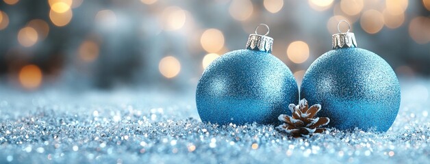 Sticker - Shiny background with blue Christmas balls decorated with decorations