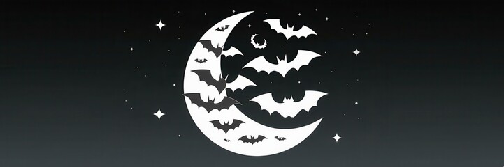 Spooky Halloween Bats Crescent Moon Starry Night Background - Perfect Halloween Marketing, Party Decorations, Graphic Design