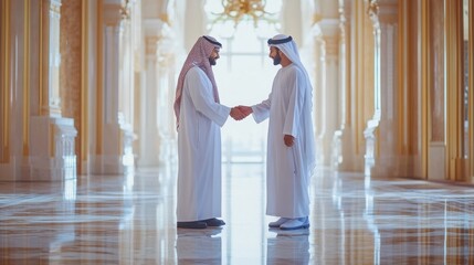 Two men in traditional attire shake hands in a grand, marble-adorned hallway, bathed in natural light from large windows, creating a formal atmosphere.