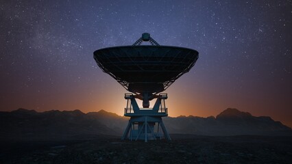 Wall Mural - radiotelescope dish antenna for space and cosmology research at night. 3d rendered illustration.
