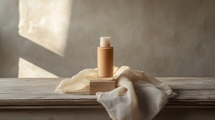 a bottle of foundation sitting on top of an old wooden table with a beige cloth next to it, in front of a plain background wall