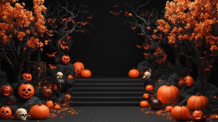 A staircase with pumpkins and skulls on it. The pumpkins are orange and the skulls are white