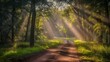 © Tabassum - Dirt Road in a Forest with Sunbeams Shining Through the Trees and a Path on the Other Side