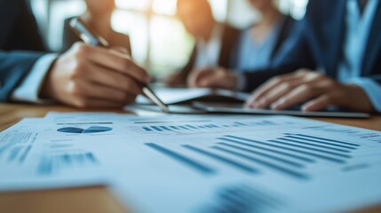 Poster - Small business team collaborating on a marketing plan in a bright office with financial charts Stock Photo with side copy space