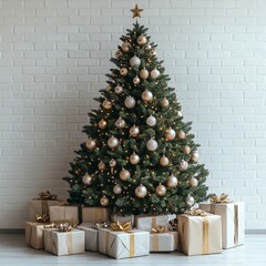 Poster - Christmas tree and pile of gift boxes over white brick wall with copy space