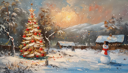 Wall Mural - A snowman stands in front of a Christmas tree