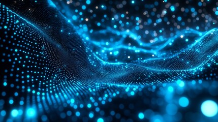 Poster - Flow of futuristic green dots and a dynamic wave background. 3D rendering.