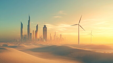 Aufkleber - A sprawling futuristic city emerges from the golden desert sands, showcasing tall buildings against a vibrant sunset