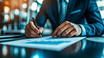 Poster - Small business owners filling out loan applications and reviewing documents with an advisor Stock Photo with side copy space