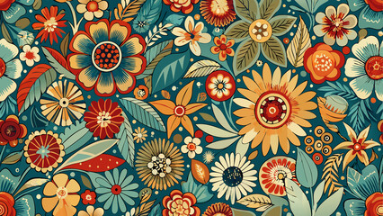 Seamless Vintage Floral Pattern with Vibrant Colors on a Retro Background
