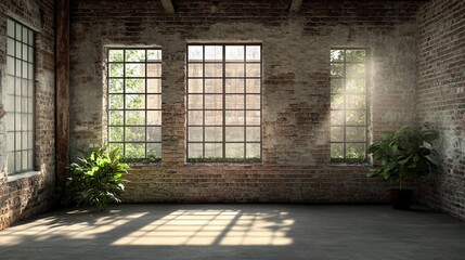 Poster - Industrial grunge interior with old brick walls and giant windows. Interior concept background. 3D render.