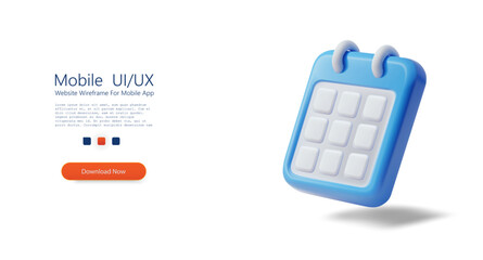 Fototapete - 3D vector illustration of a blue calendar icon with a minimalist design, featuring white squares representing days. The icon is shown in a floating perspective with a soft shadow.