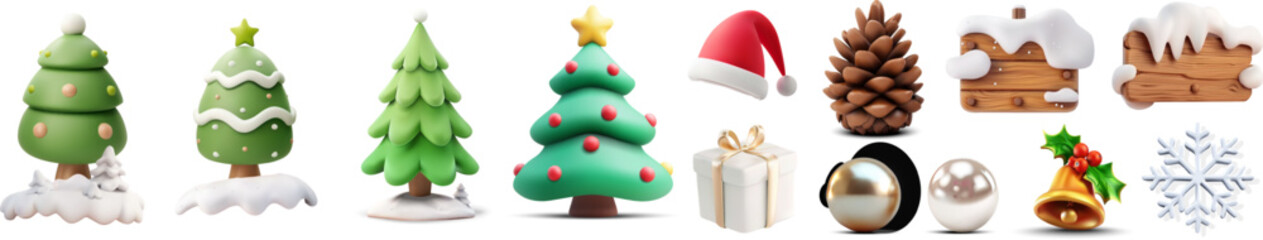 3d vector illustration of various christmas-themed elements including christmas trees, santa hat, pi