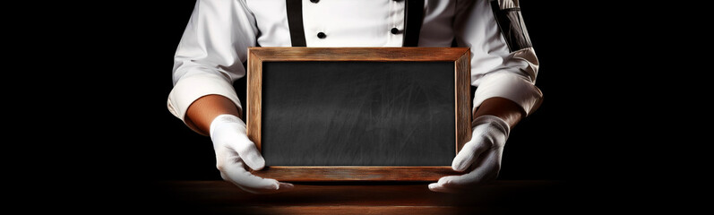 Aufkleber - Close-up of the white gloved hands of a chef or a waiter, holding an empty blackboard with wooden frame and copy space, isolated on black background. Template for a restaurant menu. Generative Ai.