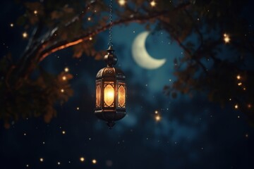 Wall Mural - Hanging Glowing Ramadan celebration lantern lighting nature night.