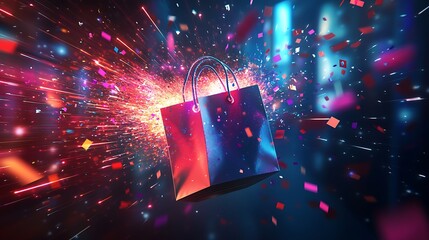 A shopping bag bursting open with tech gadgets, fashion products, and accessories flying out, bright light rays and motion lines emphasizing speed, colorful confetti and glowing particles,