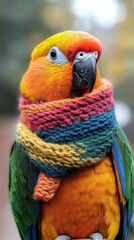 A colorful parrot wearing a knitted scarf.