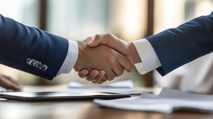Aufkleber - Two professionals shake hands in a bright, modern office, symbolizing the successful conclusion of a negotiation for a partnership. Documents and a tablet are visible on the table.