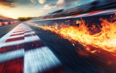 A dynamic racing scene featuring flames on a track, illustrating speed and excitement.