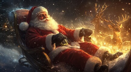 Wall Mural - Santa Claus sitting in his sleigh, surrounded by fairy dust and smiling at the camera, with reindeer on his sides, night sky full of stars, magical atmosphere and cinematic lighting