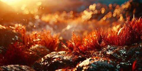Poster - A blurry image of red plants growing on rocks