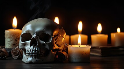 Burning candles and human skull in darkness close up with space for text.