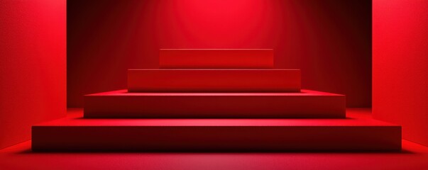 Poster - Three red cubes stacked on a red geometric platform with a vivid red background, showcasing modern minimalist design and abstract art concept.