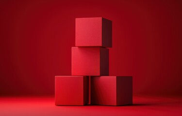 Poster - Abstract composition of three red cubes stacked against a vibrant red background