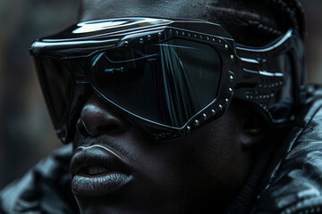 Poster - Fashion model person wearing futuristic shiny glamorous VR goggles watching cyberpunk video, Generative AI