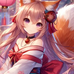 Wall Mural - close-up portrait of an anime girl with fox ears and fox tail Traditional Japanese fantasy background.